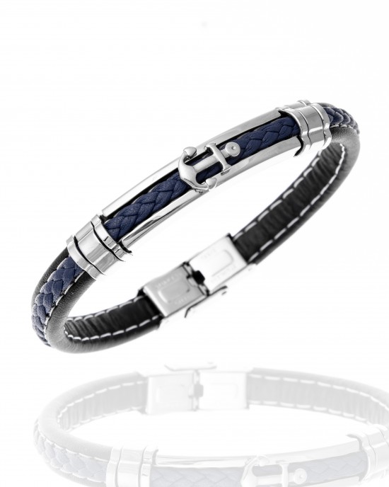  Leather Bracelet with Steel Anchor in Silver AJ (BDA0006A)