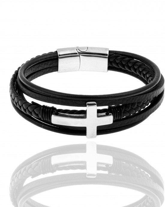  Men's Leather and Steel Cross Bracelet AJ (BKA0097A)