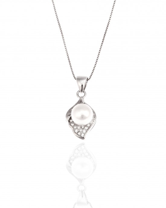  Silver 925-Fabricated Women's Necklace-Single stone with Pearl and Zircon Stones in Silver Color AJ (KA0088A)