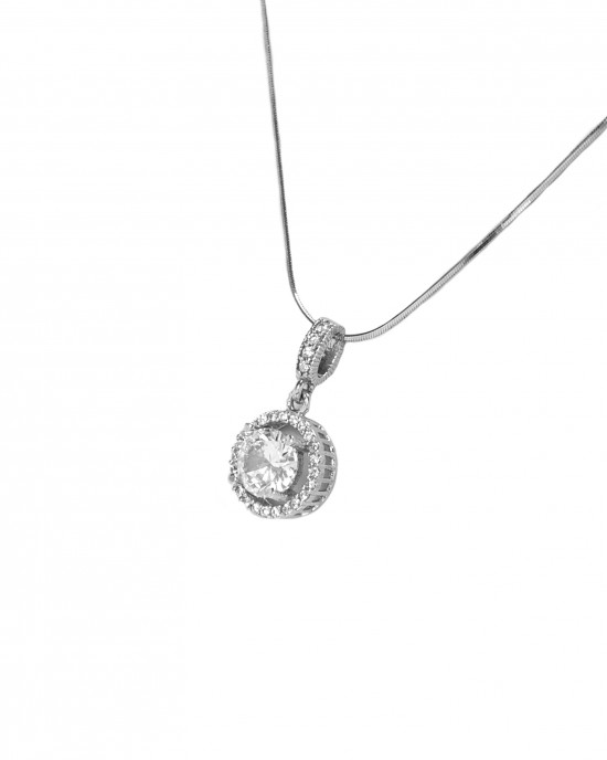  Sterling Silver 925 Necklace-Single Stone with Silver AJ (KA0099A)