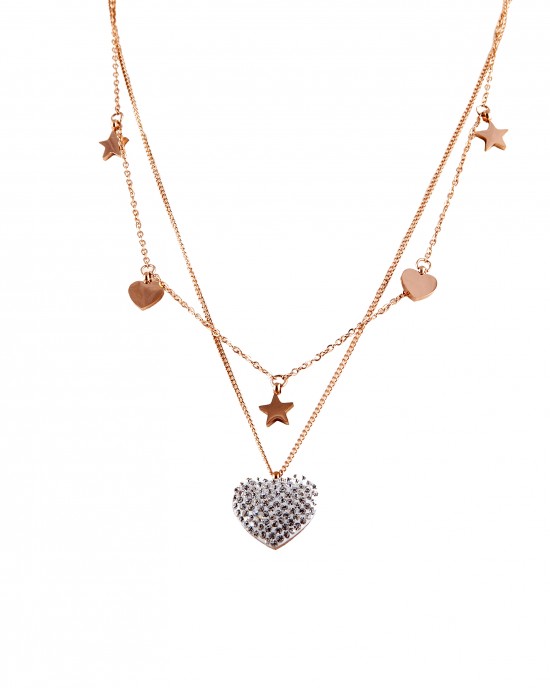 Women's double heart steel necklace with zircon in pink gold KK0007RX