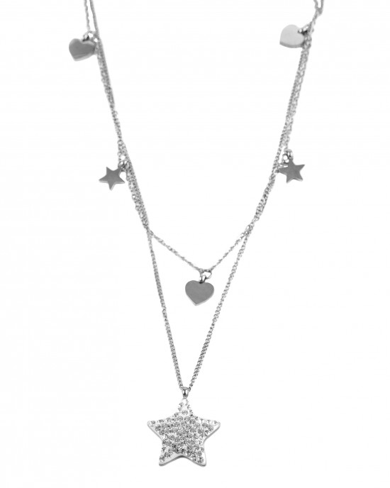 Women's Double Star Necklace with Zircon Steel in Silver Color AJ (KK0015A)