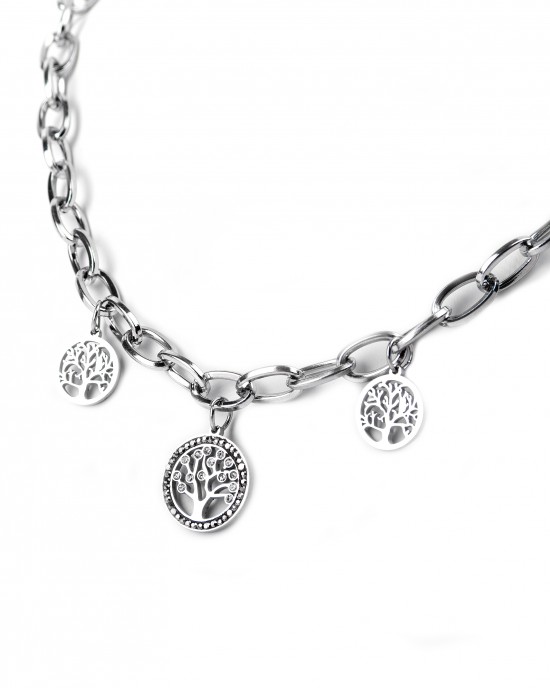 Women's Stainless Steel Necklace in Tree of Life Design and Zirconia Stones Silver AJ(KK0063A)