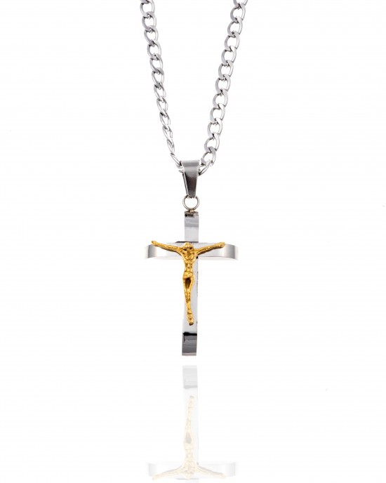 Σταυρός Ανδρικός με Αλυσίδα από Ατσάλι σε Ασημί (KK0086AX)