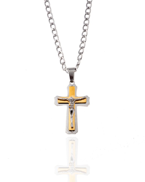 Σταυρός Ανδρικός με Αλυσίδα από Ατσάλι σε Ασημί AJ(KK0089AX)