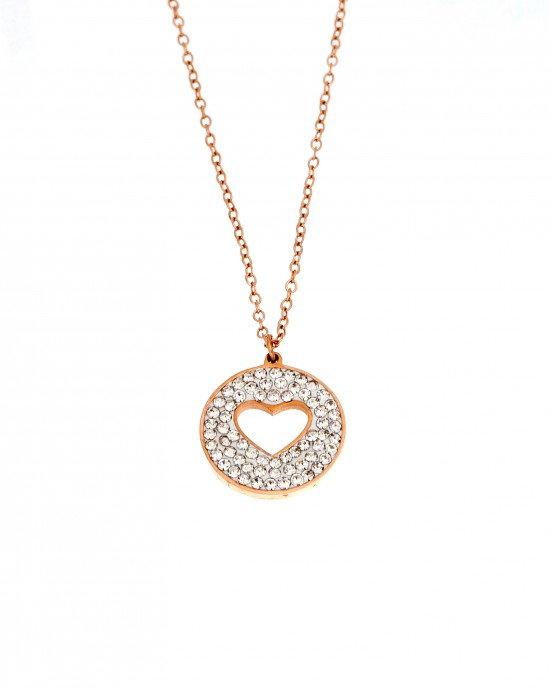  Necklace-Heart from Surgical Steel with Stones in Pink Gold AJ (KK0097RX)