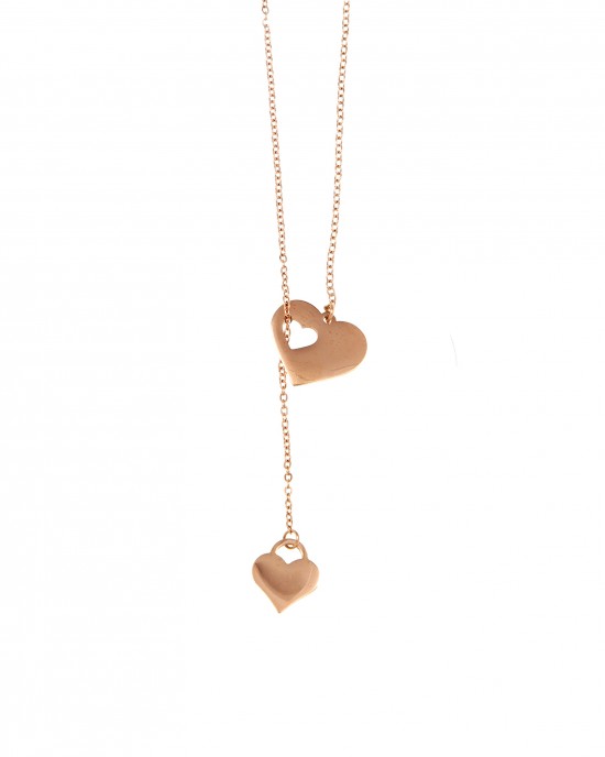 Κολιέ Διπλή Καρδιά από Ατσάλι σε Ροζ Χρυσό AJ(KK0122RX)