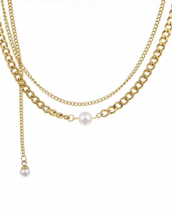  Necklace-Double Steel with Pearl in Gold AJ (KK0217X)