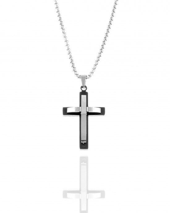 Ανδρικός Σταυρός με Αλυσίδα από Ατσάλι σε Ασημί AJ(KK0305A)