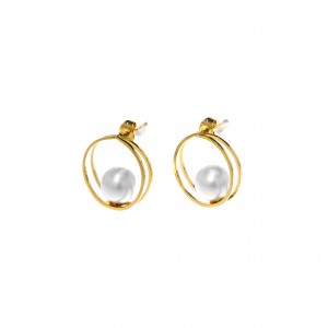  Women's Earrings Handmade with Steel Pearls in Yellow Gold AJ (SKK0031X)